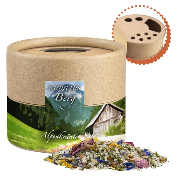 Alpenkräuter Salz, ca. 50g, Biologisch abbaubarer Eco Pappstreuer Mini