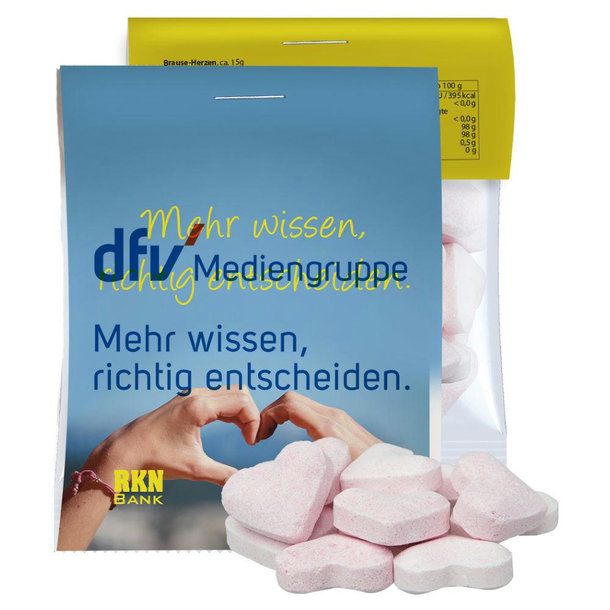Brause-Herzen Mix Erdbeere und Wildkirsche, ca. 15g, Express Midi-Tüte mit Werbereiter