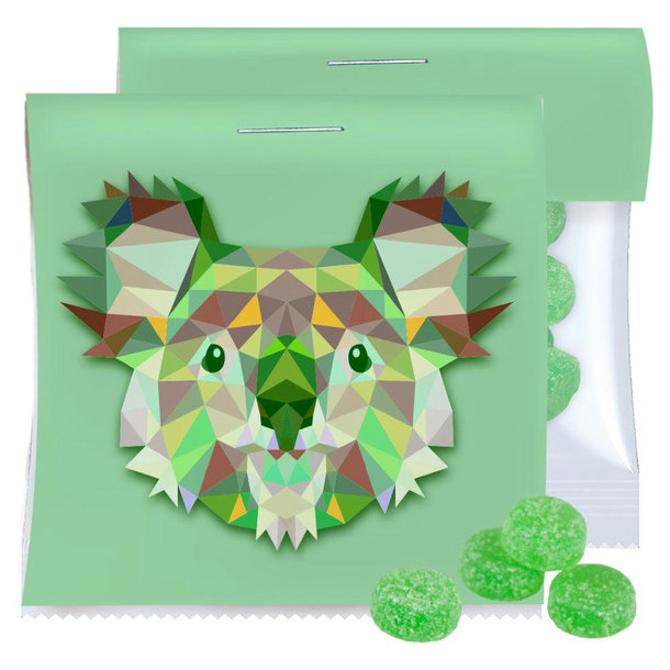 Eukalyptus Menthol Fruchtgummi ohne Gelatine, ca. 30g, Express Maxi-Tüte mit Werbereiter