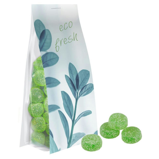 Eukalyptus Menthol Fruchtgummi ohne Gelatine, ca. 40g, Express Blockbodenbeutel mit Werbereiter
