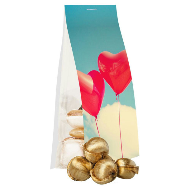 Goldnüsse Bonbons, ca. 40g, Express Blockbodenbeutel mit Werbereiter