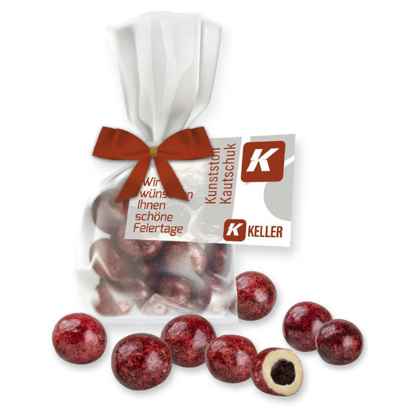 Johannisbeeren in weißer Schokolade, ca. 30g, Express Flachbeutel mit Werbekarte