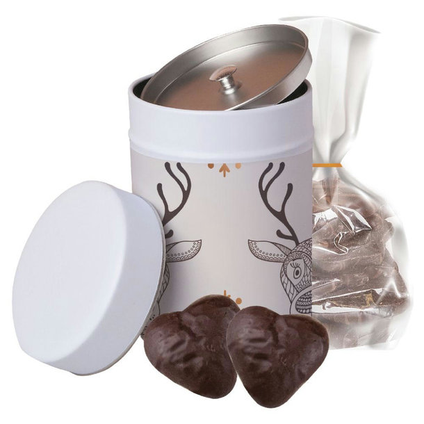 Lebkuchen Schokoherzen gefüllt, ca. 100g, Beutel in Metalldose Maxi
