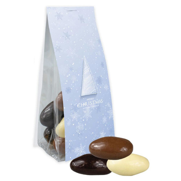 Mandel-Schoko-Trio, ca. 40g, Express Blockbodenbeutel mit Werbereiter