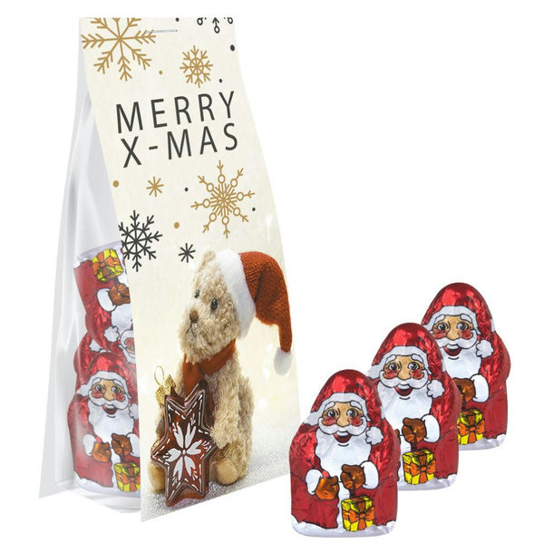 Mini Schoko-Weihnachtsmänner, ca. 40g, Express Blockbodenbeutel mit Werbereiter