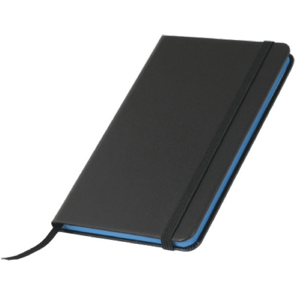 Notizbuch A6 schwarz mit Gummiband, Farbschnitt und Leseband, 60 Seiten