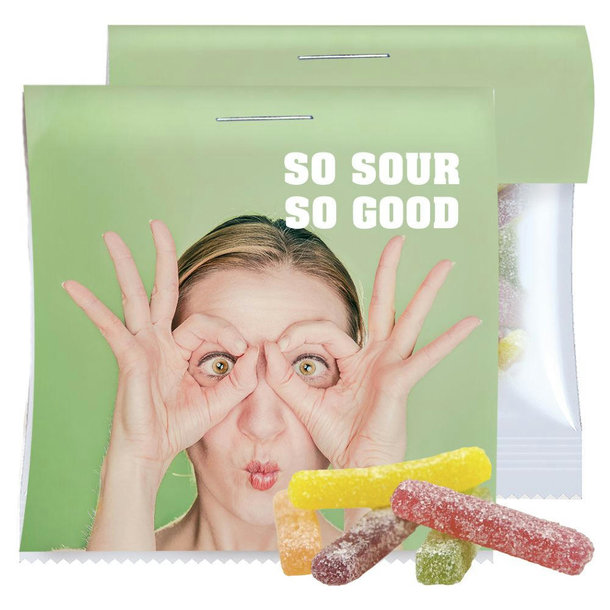 Saure Fruchtgummi-Stäbchen, ca. 30g, Express Maxi-Tüte mit Werbereiter