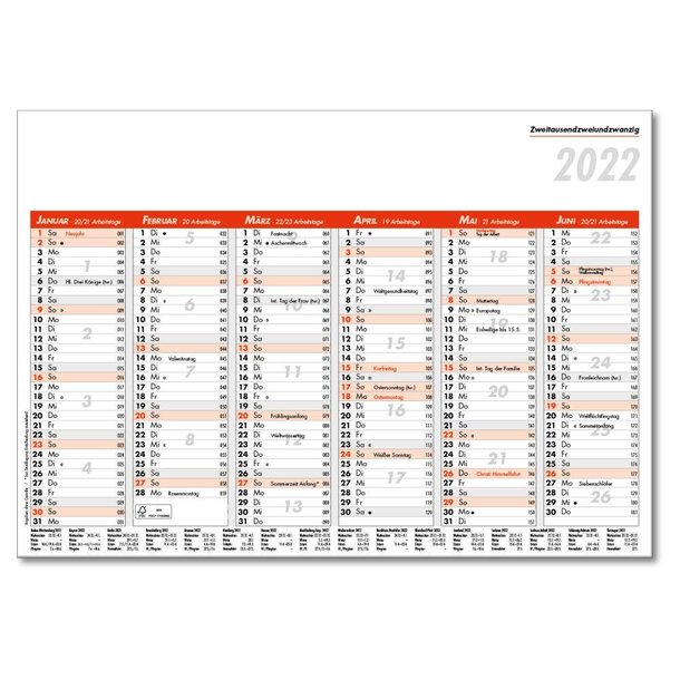 Tafelkalender im Format DIN A5, 21 x 14,8 cm, Kalendarium in rot/schwarz