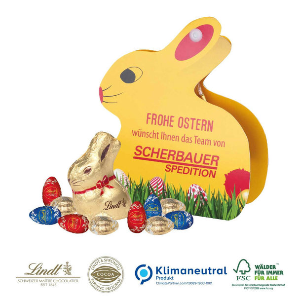 Werbe-Hase mit Goldhase und Schoko-Eier von Lindt