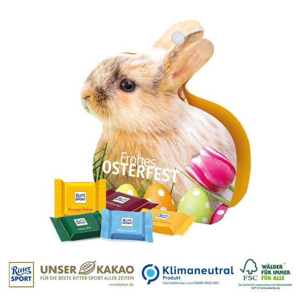 Werbe-Hase mit Ritter SPORT Schokotäfelchen