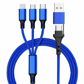 5in1 Ladekabel Nylon mit USB-A und TYP-C Kombistecker für Micro, TYP-C und Lightning 120cm Blau