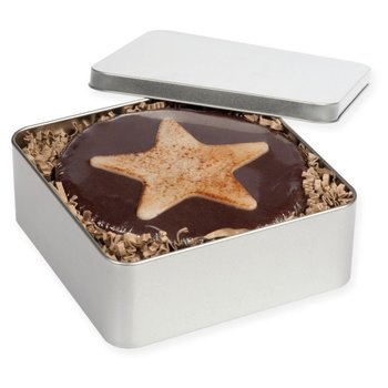 ABGEFLÄMMTE M-WEIHNACHTSTORTE IN METALLBOX
