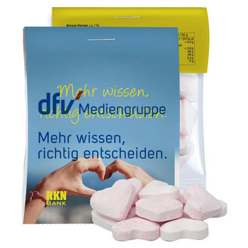 Brause-Herzen Mix Erdbeere und Wildkirsche, ca. 15g, Express Midi-Tüte mit Werbereiter
