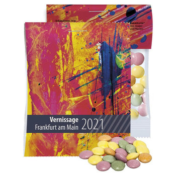 Bunte Schokolinsen, ca. 15g, Express Midi-Tüte mit Werbereiter