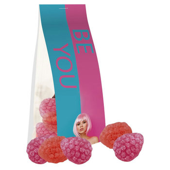 Erdbeer Chili Bonbons, ca. 40g, Express Blockbodenbeutel mit Werbereiter