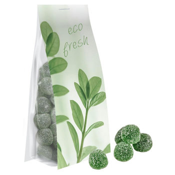 Eukalyptus Menthol Fruchtgummi mit Gelatine, ca. 40g, Express Blockbodenbeutel mit Werbereiter