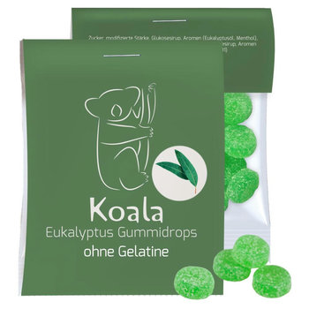 Eukalyptus Menthol Fruchtgummi ohne Gelatine, ca. 15g, Express Midi-Tüte mit Werbereiter