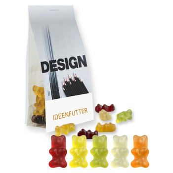 Gummibärchen, ca. 40g, Express Blockbodenbeutel mit Werbereiter