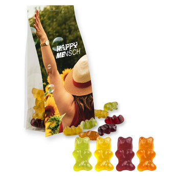 Gummibärchen ohne Gelatine, ca. 40g, Express Blockbodenbeutel mit Werbereiter
