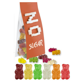 Gummibärchen zuckerfrei, ca. 40g, Express Blockbodenbeutel mit Werbereiter