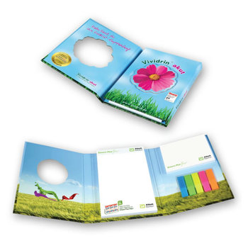 Hardcover-Booklet 12,5x16 cm mit Notizblock, Haftnotizen und Indexstreifen