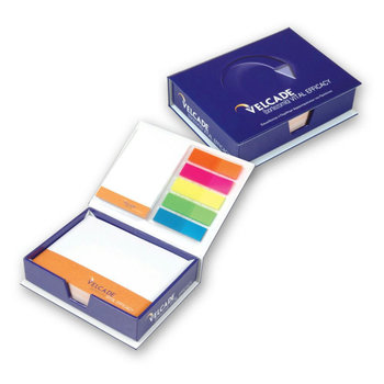 Hardcover-Box mit Notizzetteln, Haftnotizen und Indexstreifen