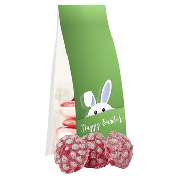 Himbeer Bonbons, ca. 40g, Express Blockbodenbeutel mit Werbereiter