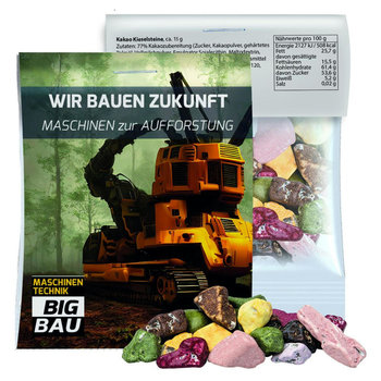 Kakao Kieselsteine, ca. 15g, Express Midi-Tüte mit Werbereiter
