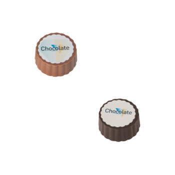 Logo-Praline aus Zartbitter-/Milchschokolade mit Haselnuss Praliné Füllung, rechteckig/rund, Druck bis 4-c auf weißer Auflage, Großverpackung