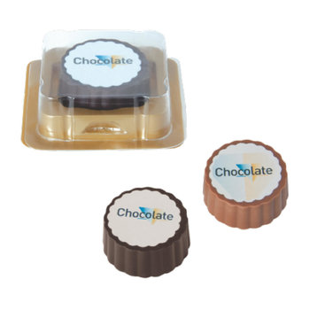 Logo-Praline aus Zartbitter-/Milchschokolade mit Haselnuss Praliné Füllung, rechteckig/rund, Druck bis 4-c auf weißer Auflage, Einzelverpackung