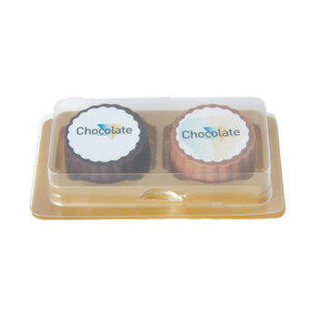 Logo-Praline aus Zartbitter-/Milchschokolade mit Haselnuss Praliné Füllung, rechteckig/rund, Druck bis 4-c auf weißer Auflage, 2er Verpackung