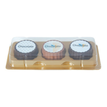 Logo-Praline aus Zartbitter-/Milchschokolade mit Haselnuss Praliné Füllung, rechteckig/rund, Druck bis 4-c auf weißer Auflage, 3er Verpackung