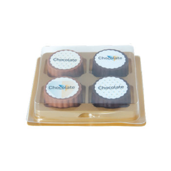 Logo-Praline aus Zartbitter-/Milchschokolade mit Haselnuss Praliné Füllung , rechteckig/rund, Druck bis 4-c auf weißer Auflage, 4er Verpackung