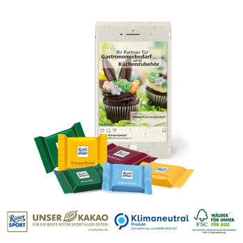 Ritter SPORT Schokotäfelchen in Präsentbox auf Graspapier