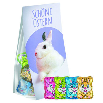 Schoko-Hasen Mix, ca. 36g, Express Blockbodenbeutel mit Werbereiter