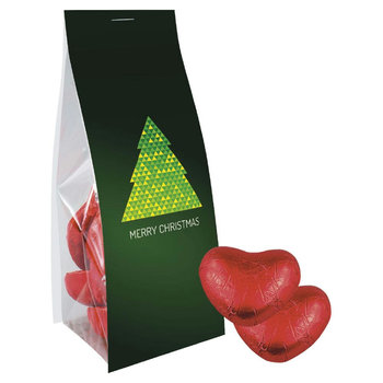 Schoko-Herzen, ca. 36g, Express Blockbodenbeutel mit Werbereiter
