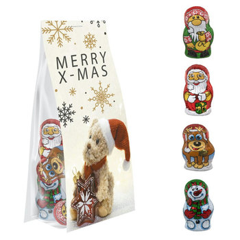 Schoko-Weihnachts Mix, ca. 40g, Express Blockbodenbeutel mit Werbereiter
