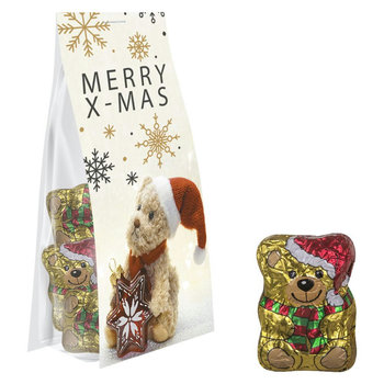 Schoko-Weihnachtsbärchen, ca. 40g, Express Blockbodenbeutel mit Werbereiter