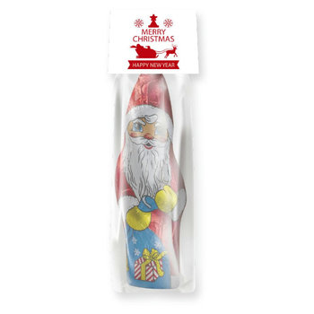 Schoko Weihnachtsmann, 60g, Blockbodenbeutel mit Werbereiter