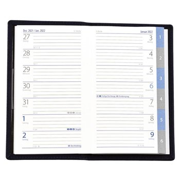 Taschenplaner "Exquisit Register D" im Format 9  x 15 cm , grau/blau, 64 Seiten, in PVC-Hülle schwarz eingesteckt