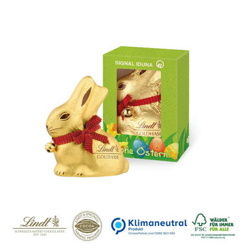 Werbekartonage „Lindt Goldhase“ 50 g auf Graspapier