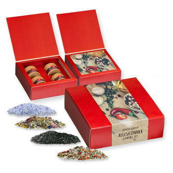 verschiedene Gewürzmischungen (Kategorie 1), ca. 180-440g, Geschenk-Set Premium mit 4 Biologisch abbaubaren Eco Pappdosen Mini