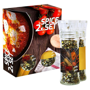 verschiedene Gewürzmischungen (Kategorie 2), 70-160g, 2er Set Glas mit Kunststoffmahlwerk in Faltschachtel