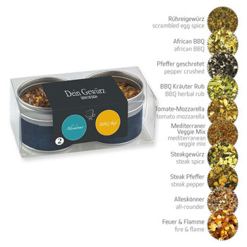 verschiedene Gewürzmischungen (Kategorie 2), 80-120g, Metalldose mit Sichtfenster im 2er Set