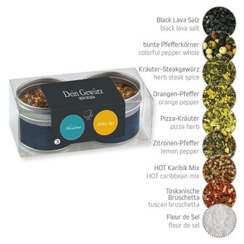 verschiedene Gewürzmischungen (Kategorie 3), 32-130g, Metalldose mit Sichtfenster im 2er Set